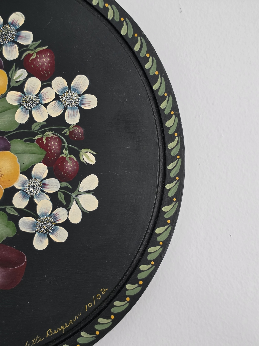 Vintage Moody Dark Green Floral Bouquet Wall Art with Yellow Pansies and Red Bow - Picture 3 of 12